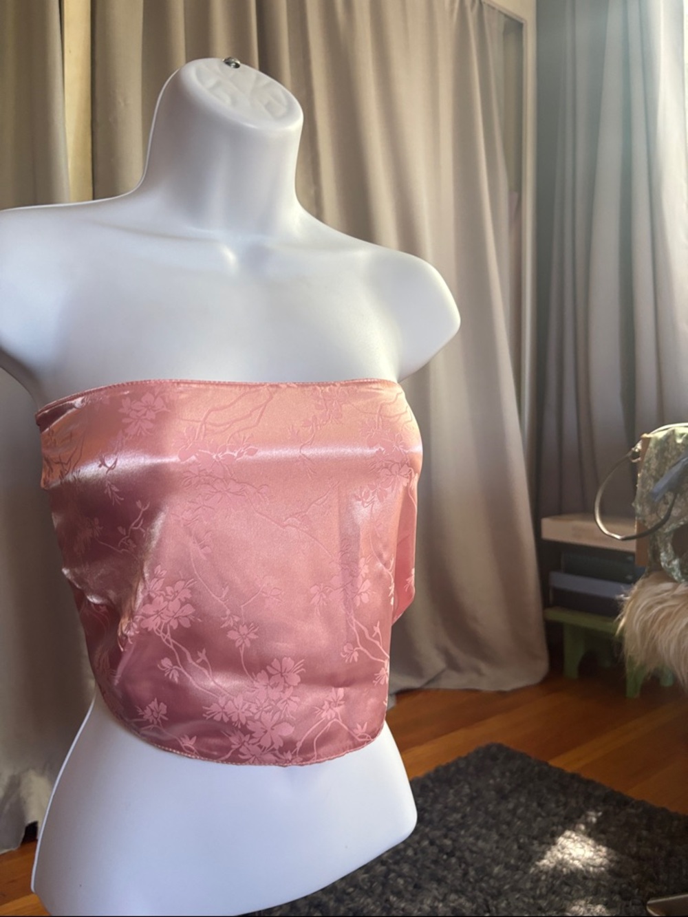 Pink Satin Floral Strapless Tube Top
